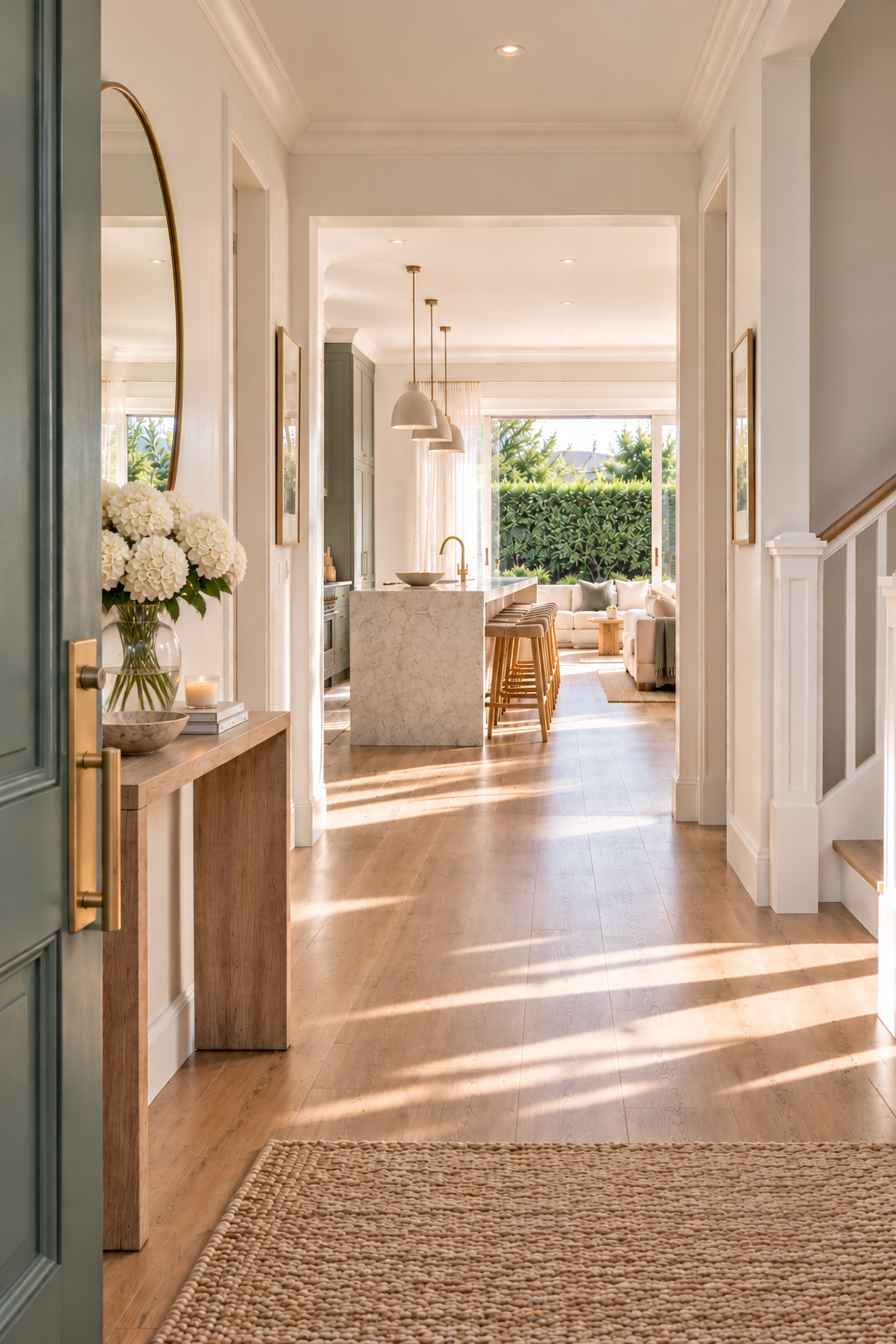 Bright, beautifully presented home entrance with white hydrangeas, an open-plan kitchen and manicured hedging beyond the living area.