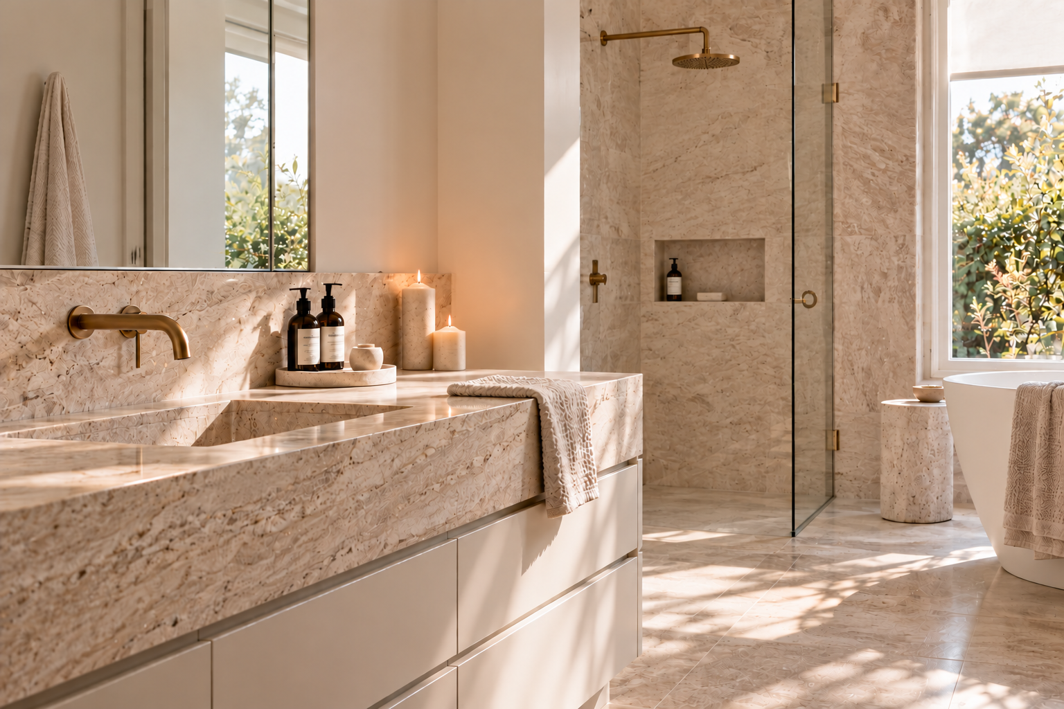 Sunlit bathroom with a patterned stone vanity, stone-lined shower, brass fittings and a freestanding white bath.